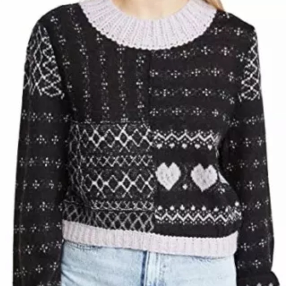 Free People Women's Snow Globe Pullover Sweater, Onyx Combo, Black, Print, XL